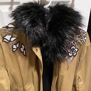 Floral Embroidered Faux Fur Parka
